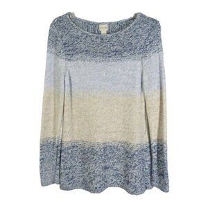 Chicos Blue Beige Heathered Stripe Metallic Thread Sweater Size S 0 Long Sleeve